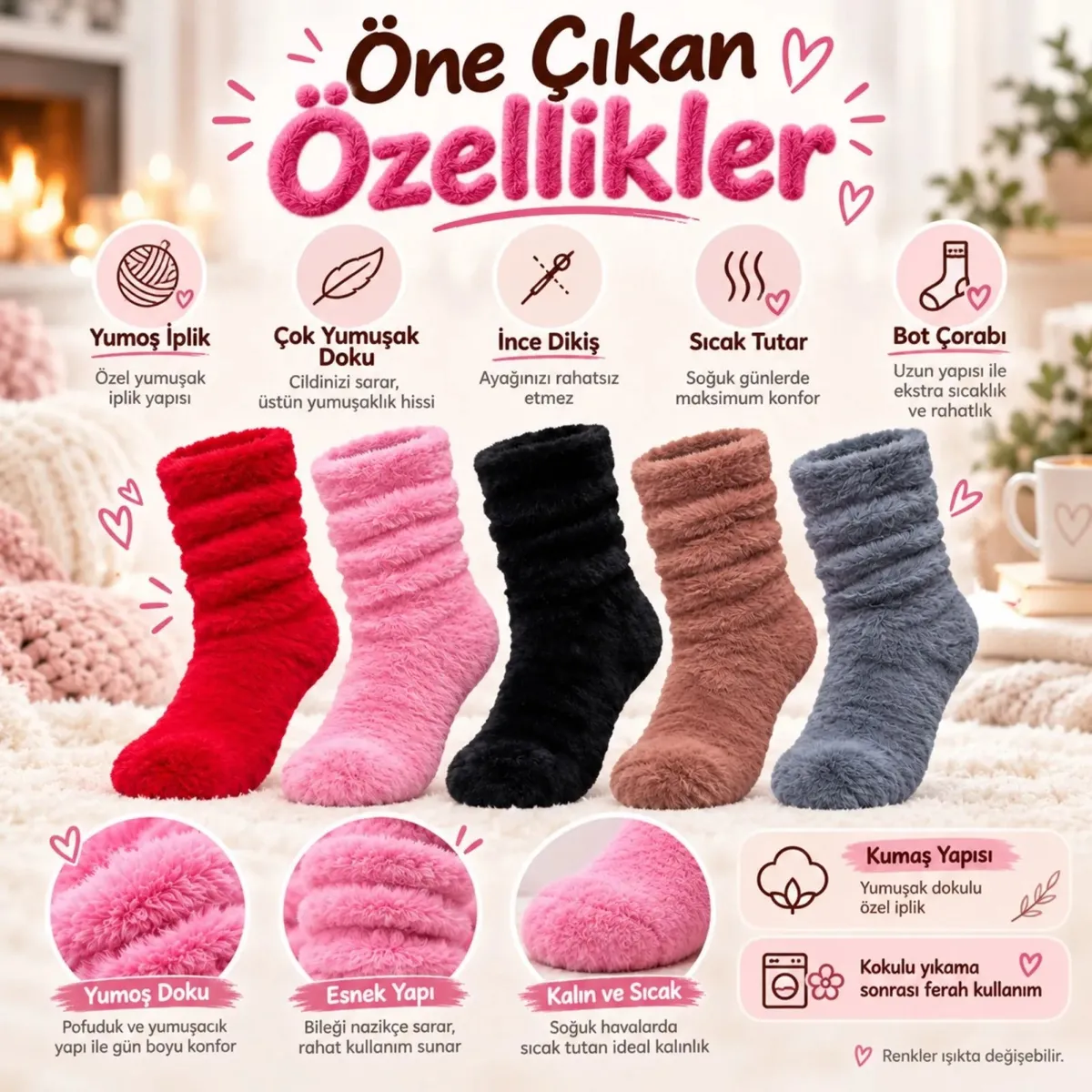 Kadın 3'lü Peluş Bot Çorap Seti | Kırmızı Pembe Siyah Yumuşacık Tüylü Büzgülü Rahat Kışlık Ev Çorabı görseli