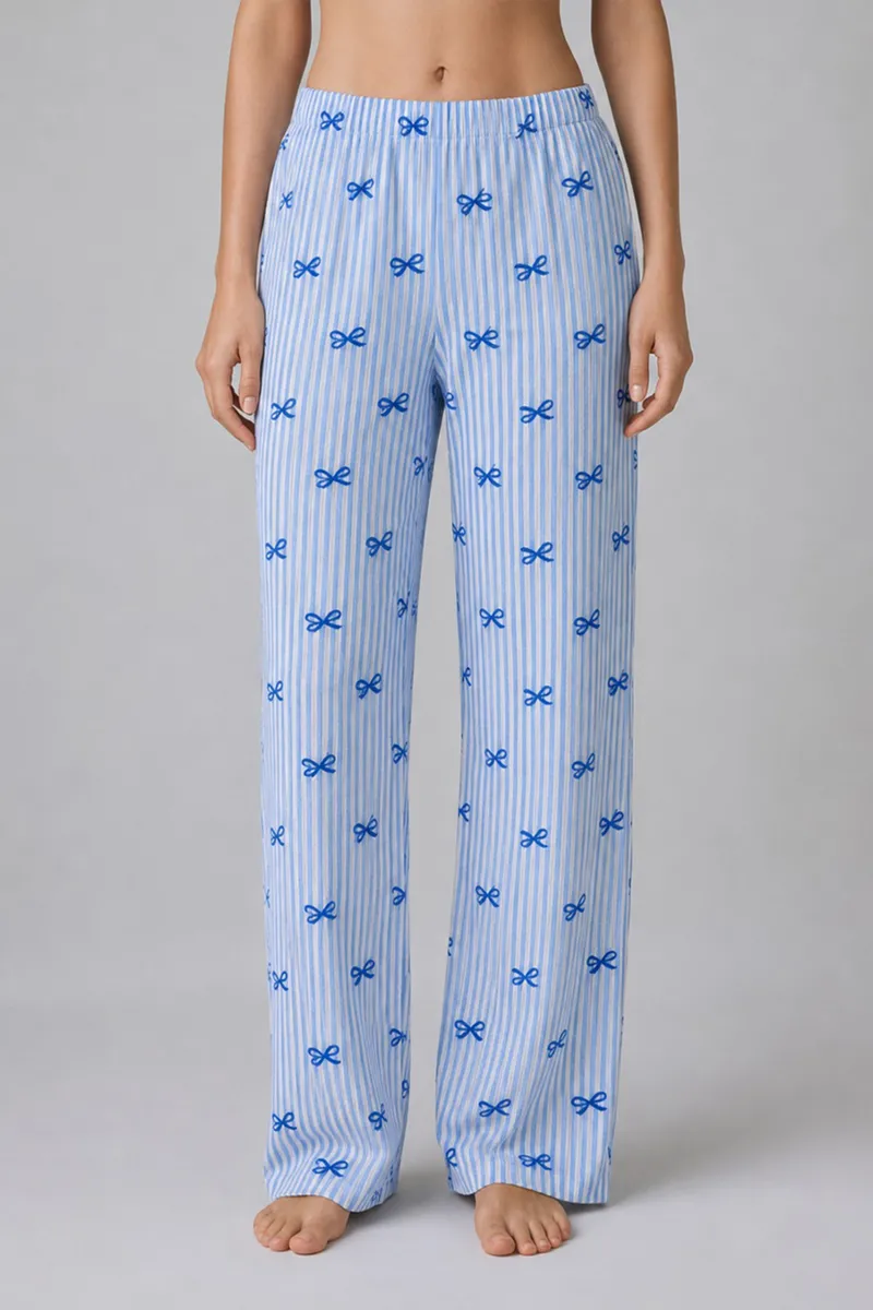Mavi Kurdele Desenli Çizgili Bürümcük Pijama Takımı 4645-Mavi görseli