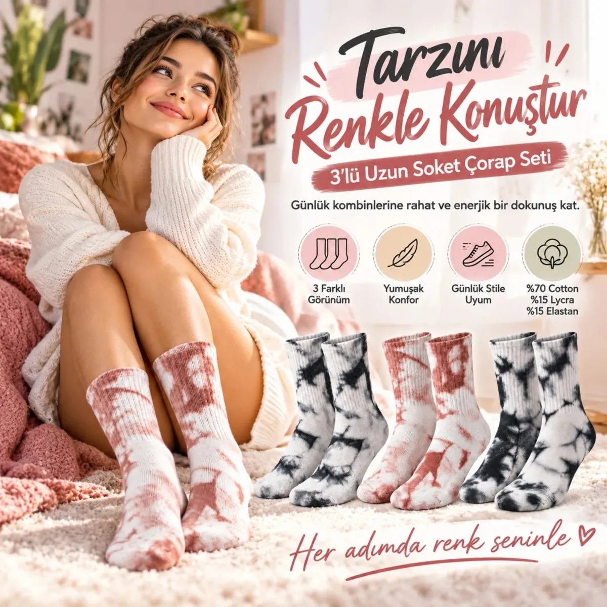 Unisex Batik Desenli Çorap 6'lı Set Pamuklu Uzun Soket Günlük Spor Nefes Alan Dikişsiz görseli