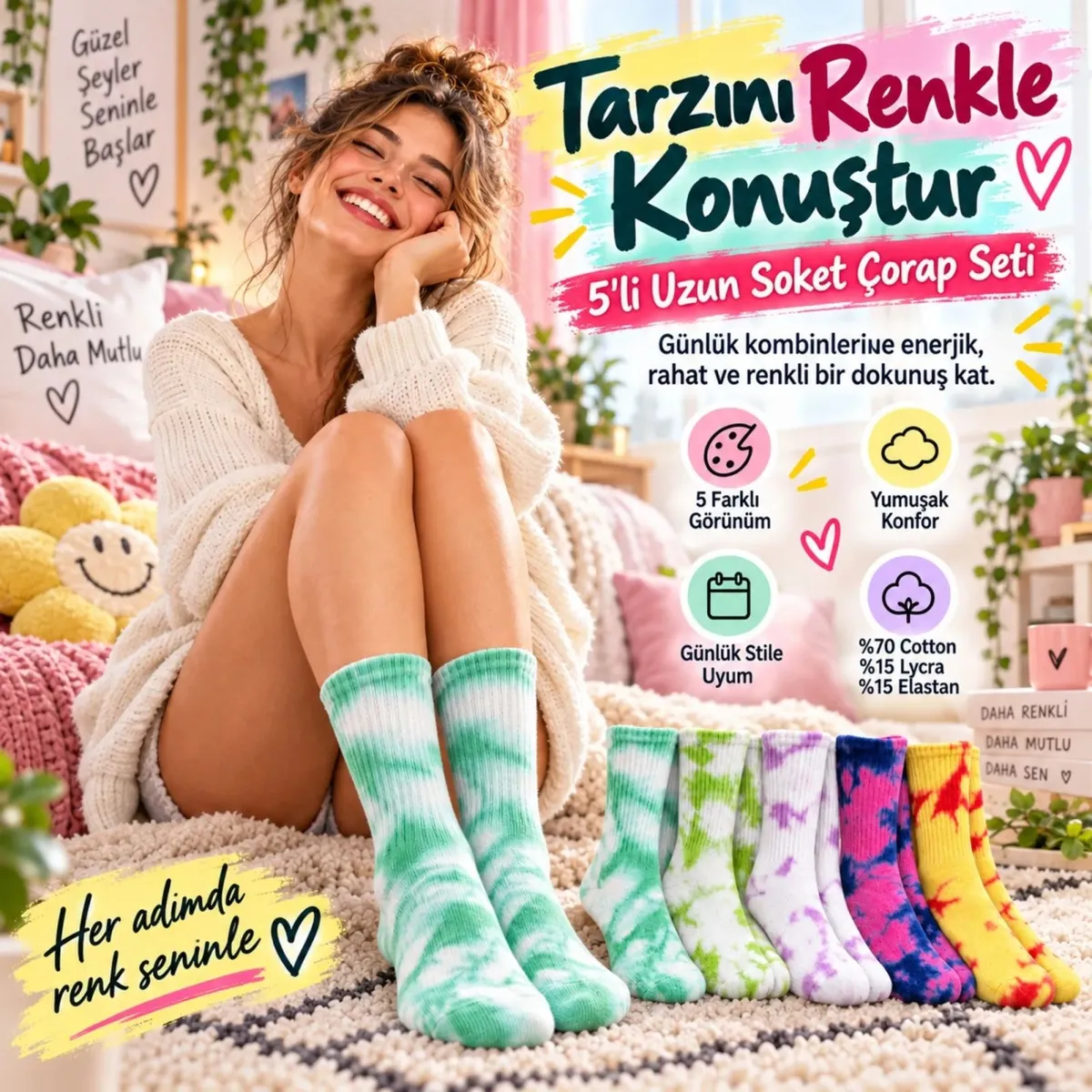 Unisex Batik Desenli Çorap 5'li Set Renkli Pamuklu Uzun Soket Dikişsiz Nefes Alan Günlük Spor Çorabı görseli