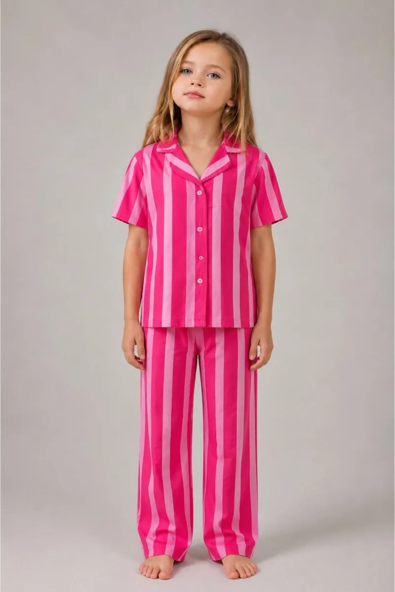 Kız Çocuk Çizgili Gecelik Pembe Pijama Takımı görseli