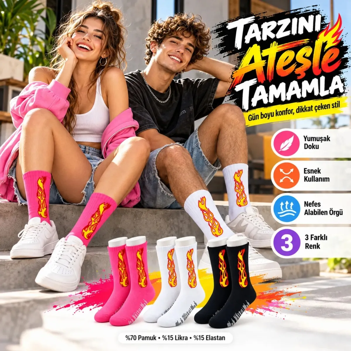 Unisex Alev Desenli Çorap 6'lı Set Pamuklu Uzun Soket Dikişsiz Nefes Alan Günlük Spor Çorabı Yumuşak