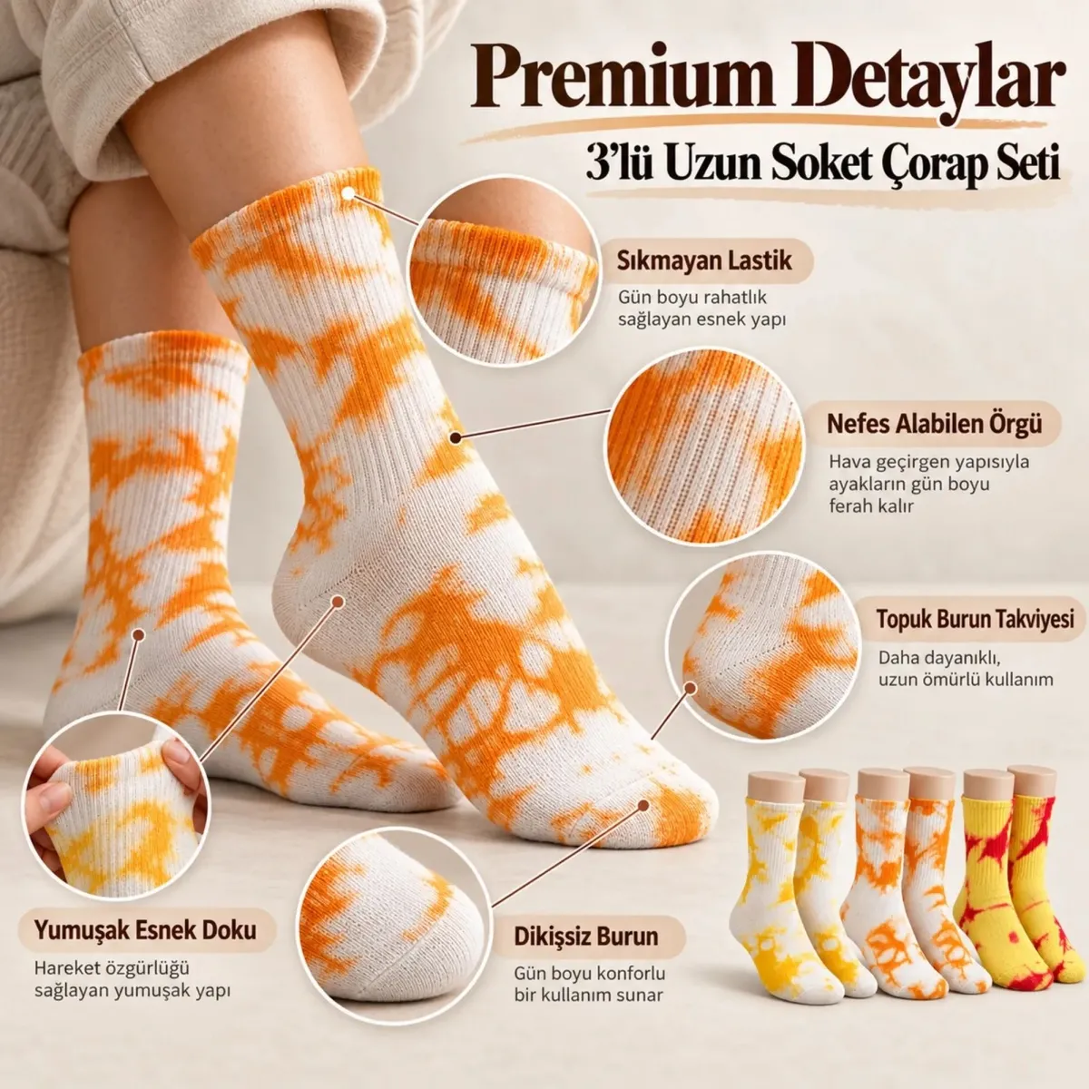 Unisex Batik Desenli Çorap 6'lı Set Pamuklu Renkli Uzun Soket Dikişsiz Nefes Alan Günlük Spor Çorabı Sarı-Beyaz-Turuncu-Kırmızı görseli