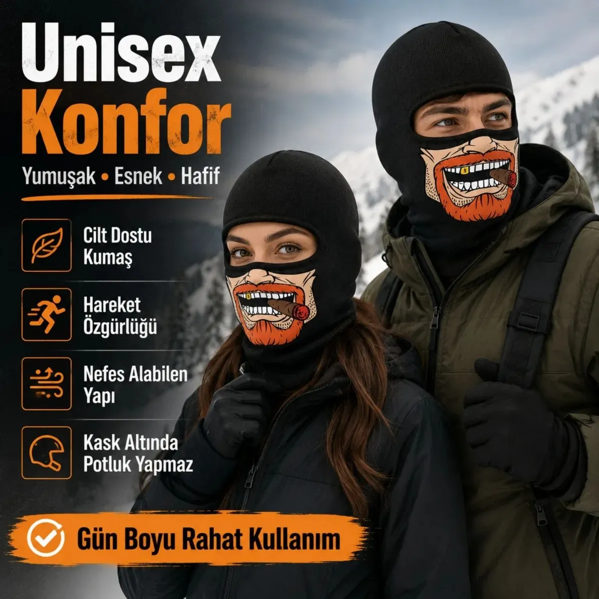 Unisex Sakallı Puro Baskılı Balaklava 1 Adet Tek Beden Viskoz Kask İçi Outdoor Maske görseli