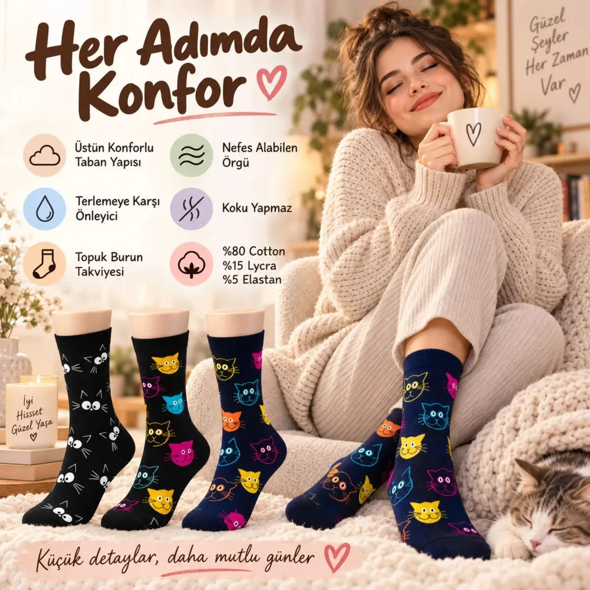 Unisex Kedi Desenli Çorap 6'lı Set Pamuklu Renkli Uzun Soket Dikişsiz Nefes Alan Rahat Günlük Çorap görseli