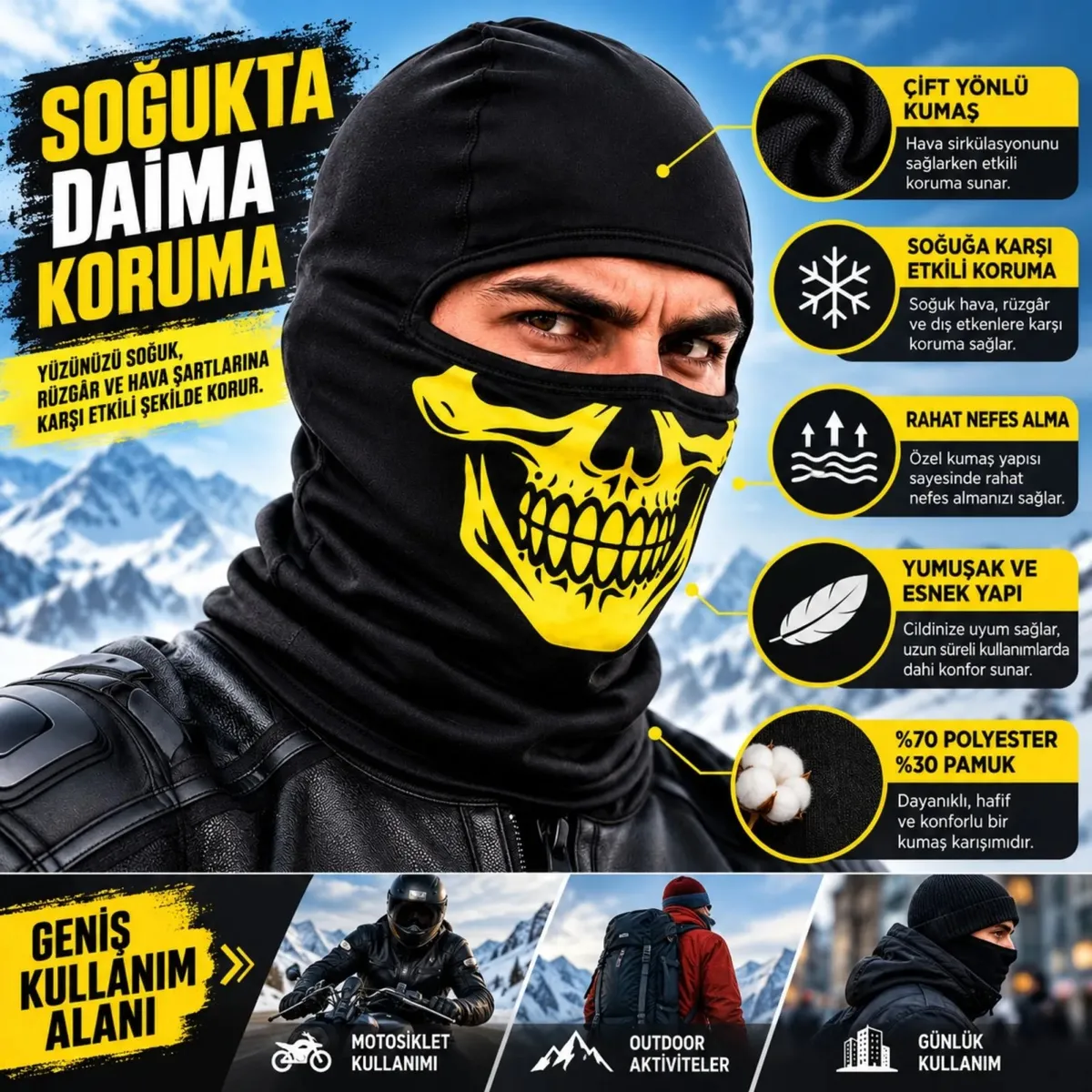 Unisex Sarı Kurukafa Desenli Balaklava Kar Maskesi | Siyah Tam Yüz Boyunluk Motosiklet Outdoor Maske görseli