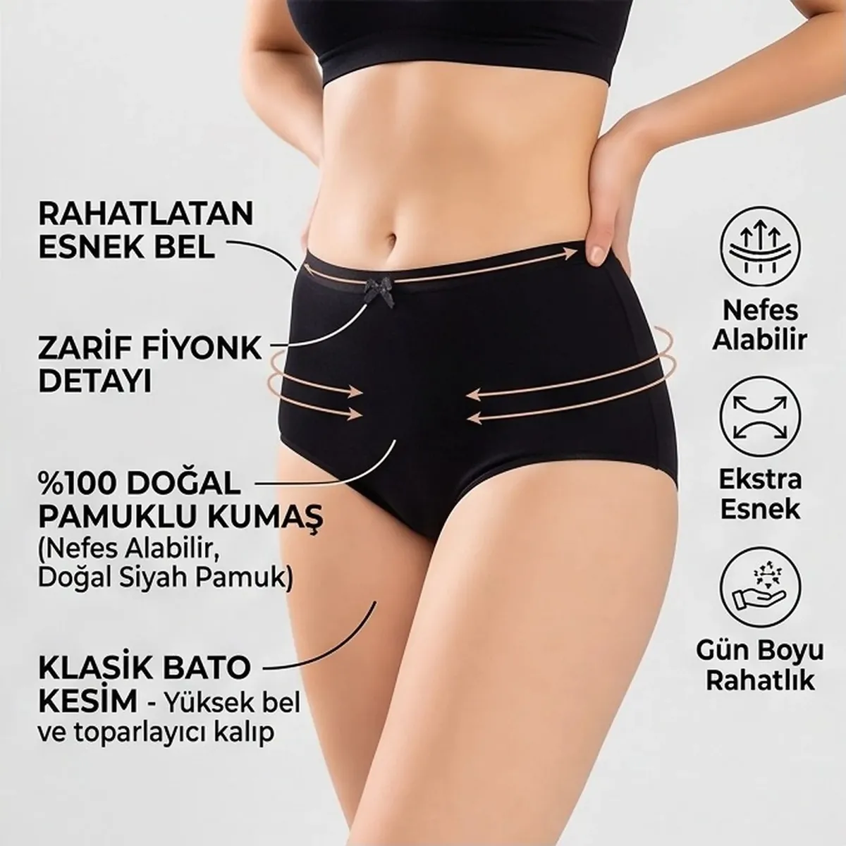 Kadın Pamuklu Düz Bato Külot Paket Siyah Beyaz Ten | Normal Bel Klasik Kesim Günlük İç Çamaşırı görseli