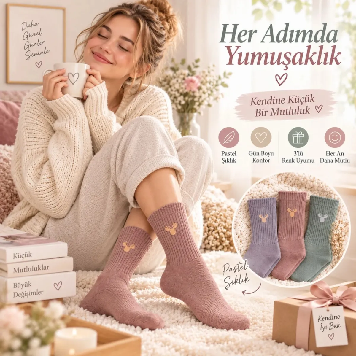 Kadın Geyik Fitilli Soket Çorap 3’lü – Yumuşak Dokulu Pastel Renk Günlük Çorap Seti görseli