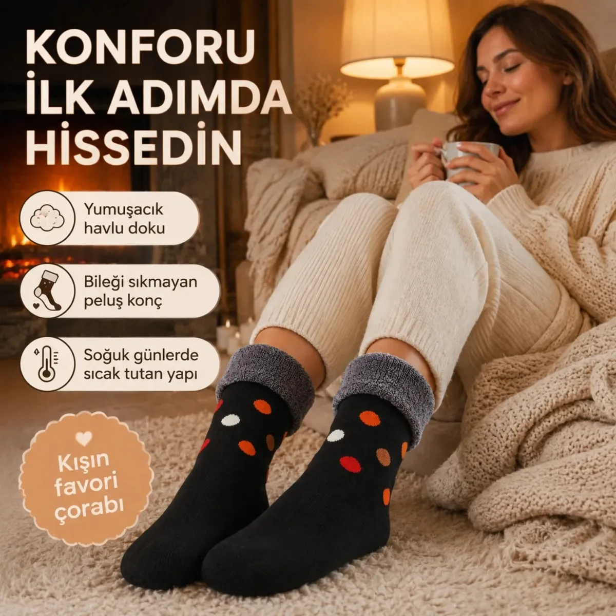 4’lü Kadın Kışlık Havlu Çorap Sıcak Tutan Yumuşak Karışık Desenli Günlük Çorap Seti görseli