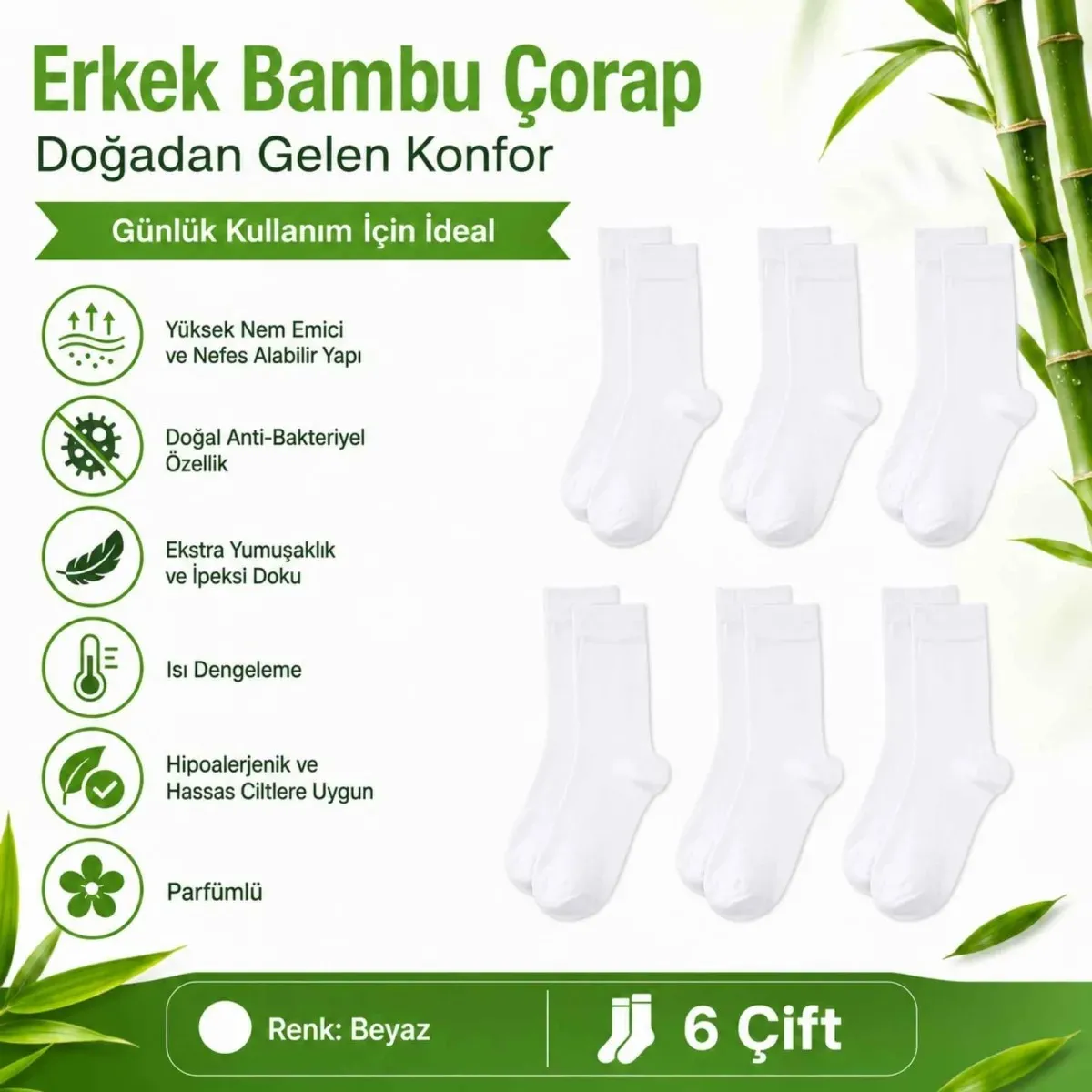 Erkek Bambu Soket Çorap 6’lı Paket, Dikişsiz Parfümlü Nefes Alan Yumuşak Nem Emici Günlük Uzun Çorap görseli
