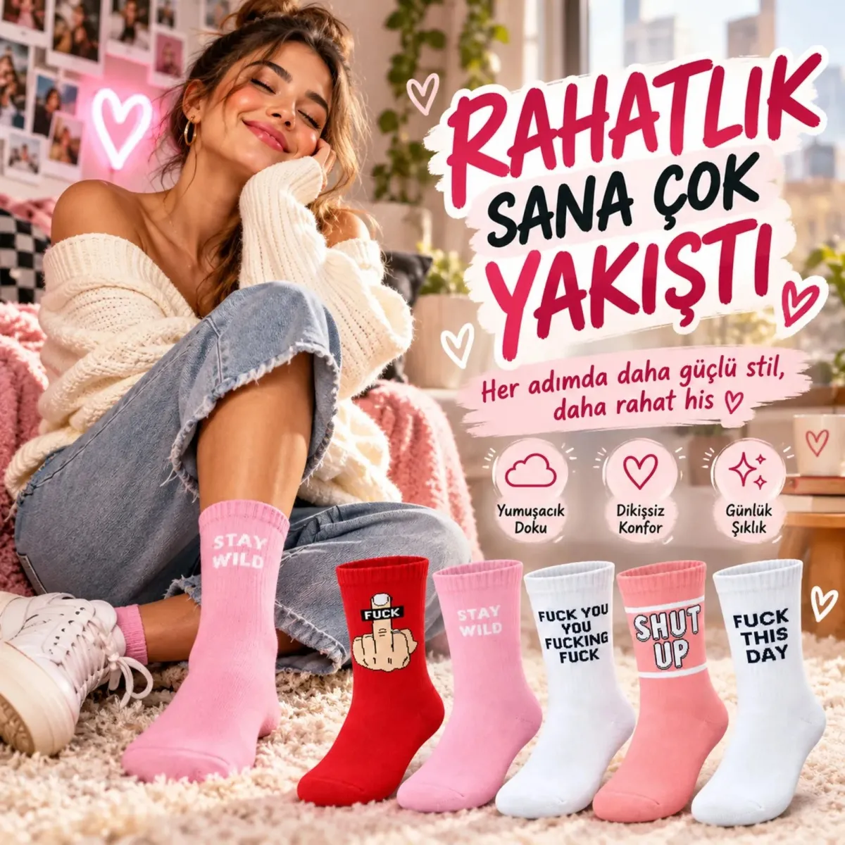 Unisex Yazılı Sloganlı Soket Çorap 10'lu Set | Eğlenceli Baskılı Renkli Günlük Spor Çorap Modelleri! görseli
