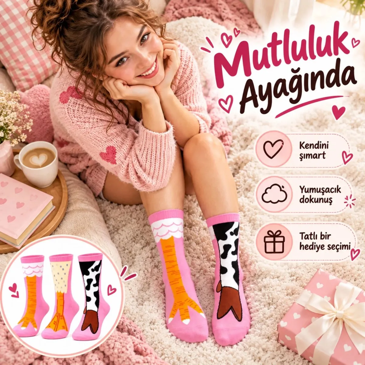 Kadın 3'lü Pembe Figürlü Soket Çorap Seti | Sevimli İnek Desenli ve Renkli Eğlenceli Günlük Çoraplar görseli