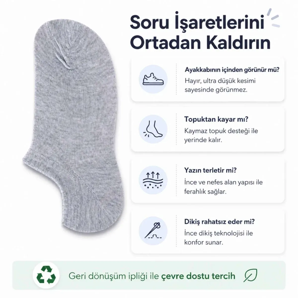Erkek Geri Dönüşüm İplikli 12’li Görünmez Sneaker Çorap, İnce Dikişli, Nefes Alan Yazlık Babet Çorabı, Kaymaz Topuklu Siyah Gri Beyaz görseli