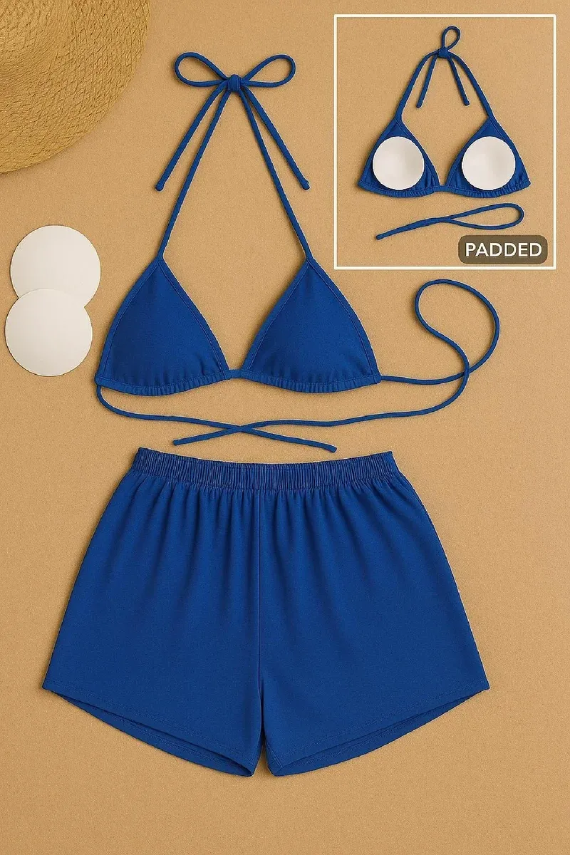Kadın Mavi Şortlu Belden ve Boyundan Bağlamalı Bikini Takımı – Modern, Konforlu ve Günlük Kombinlere Uygun görseli
