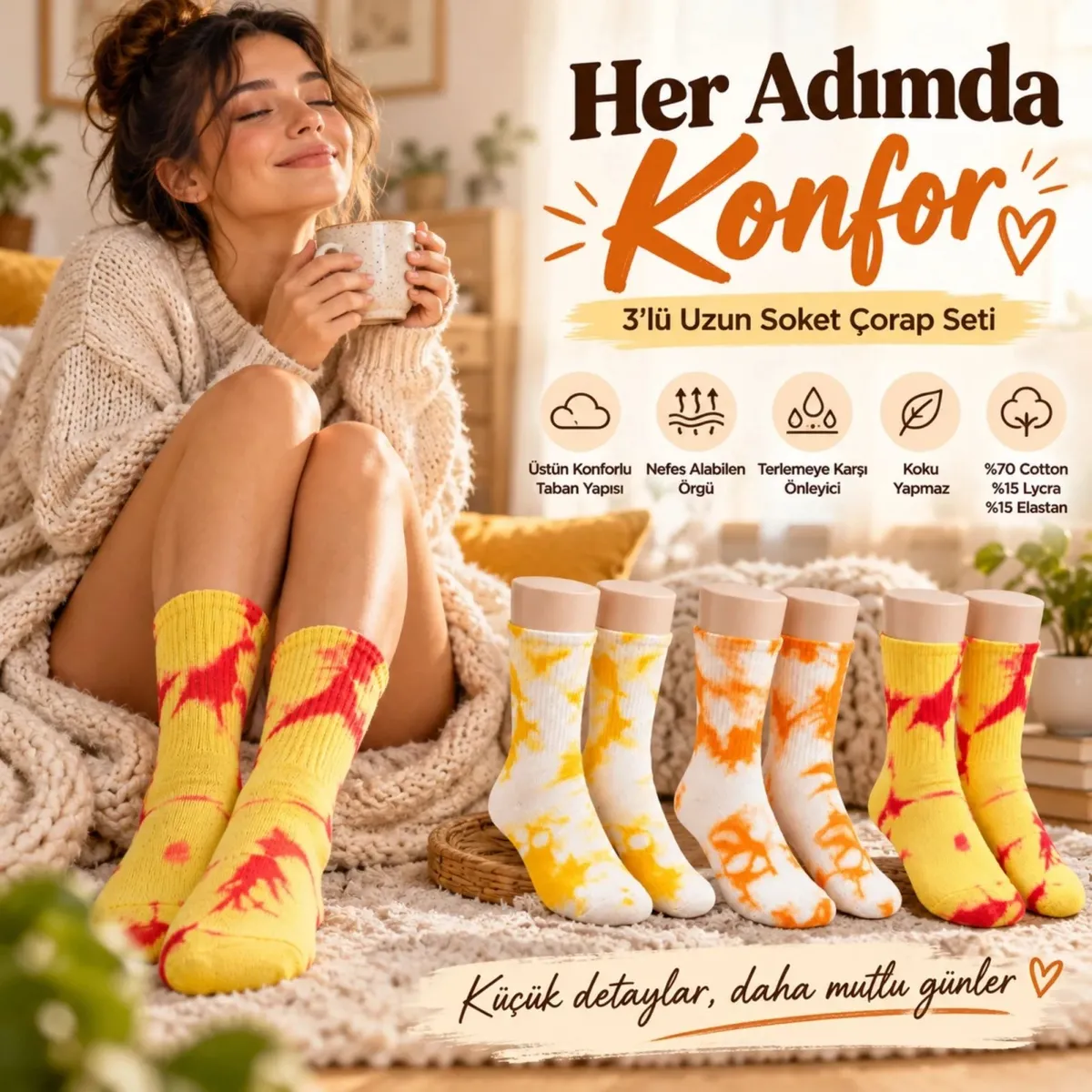 Unisex Batik Desenli Çorap 6'lı Set Pamuklu Renkli Uzun Soket Dikişsiz Nefes Alan Günlük Spor Çorabı Sarı-Beyaz-Turuncu-Kırmızı görseli