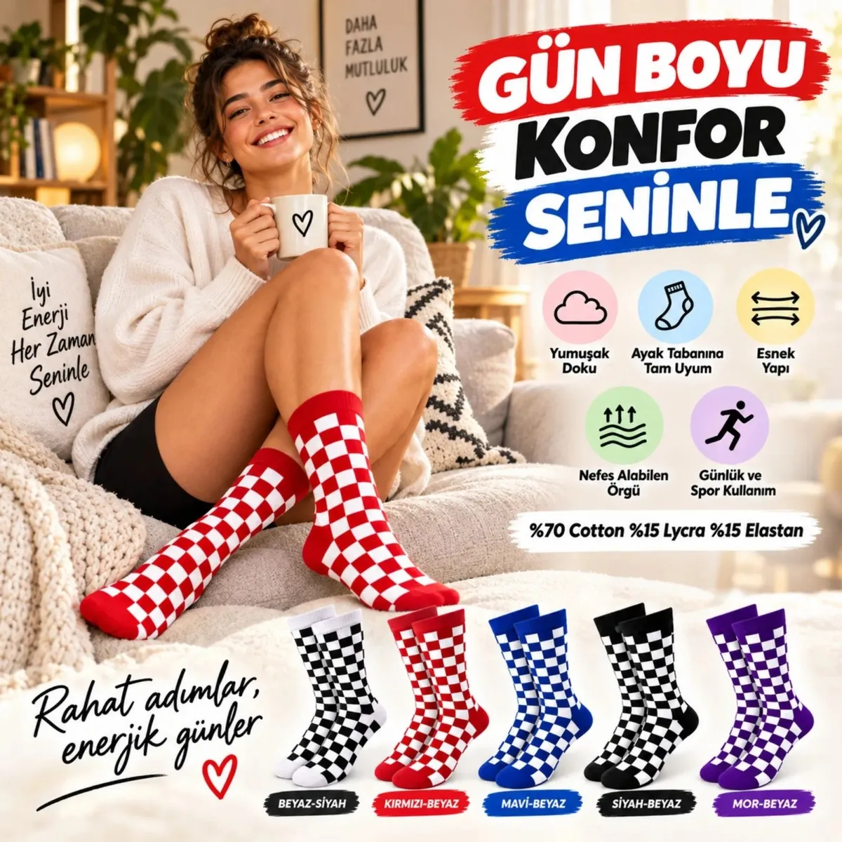 UNİSEX Çorap Dama Desenli Renkli 5'li Set Kareli Uzun Soket Günlük Spor Eğlenceli Rahat Çorap Seti görseli