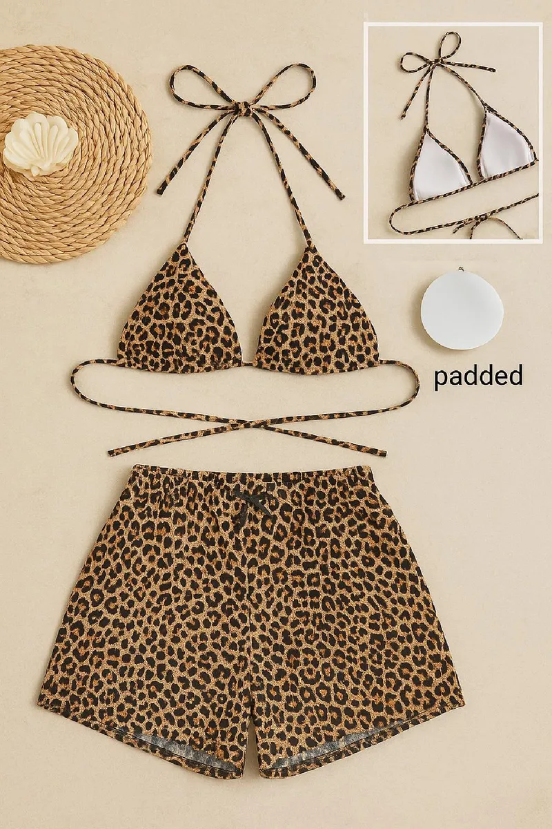 Kadın Leopar Desenli Şortlu Belden ve Boyundan Bağlamalı Bikini Takımı görseli