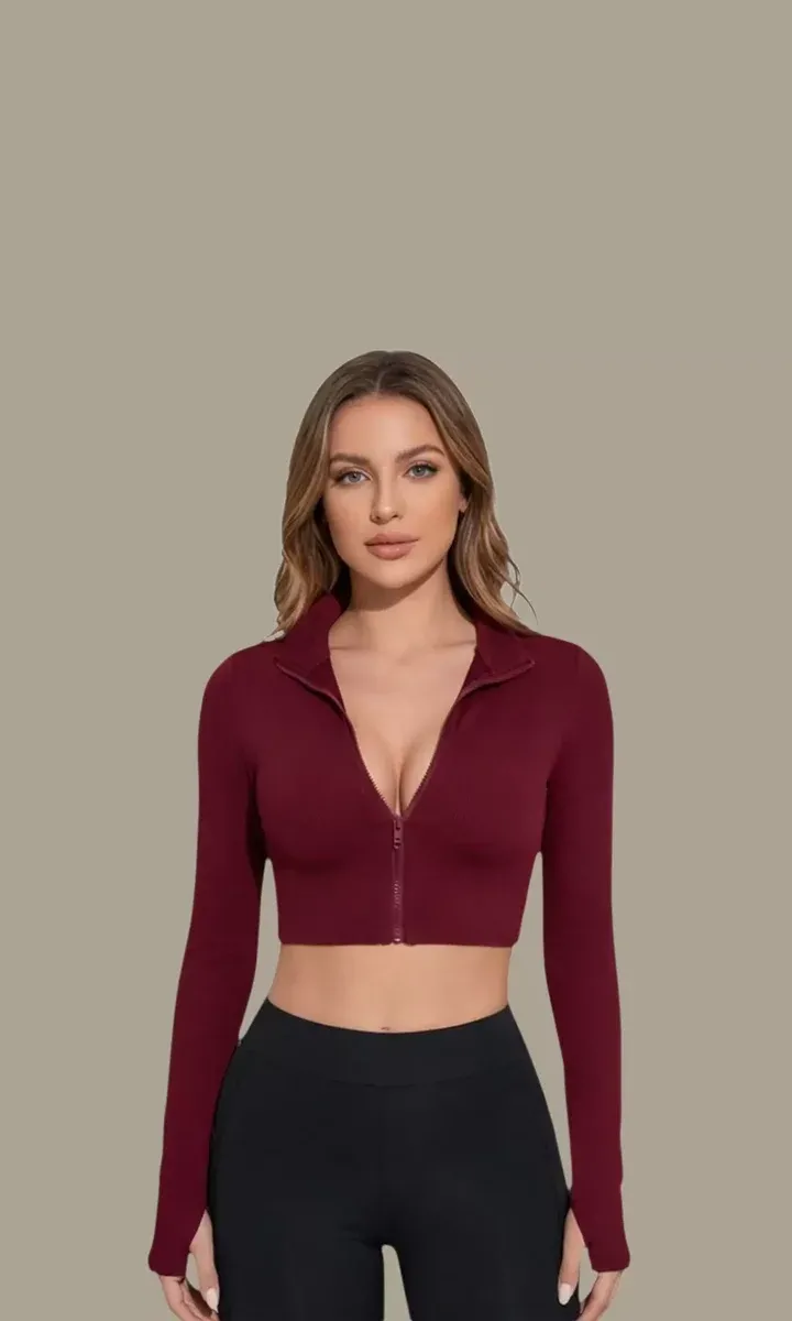 Kadın Bordo Uzun Kol Fermuarlı Parmak Geçme Detaylı Dik Yaka Crop Top Bluz görseli