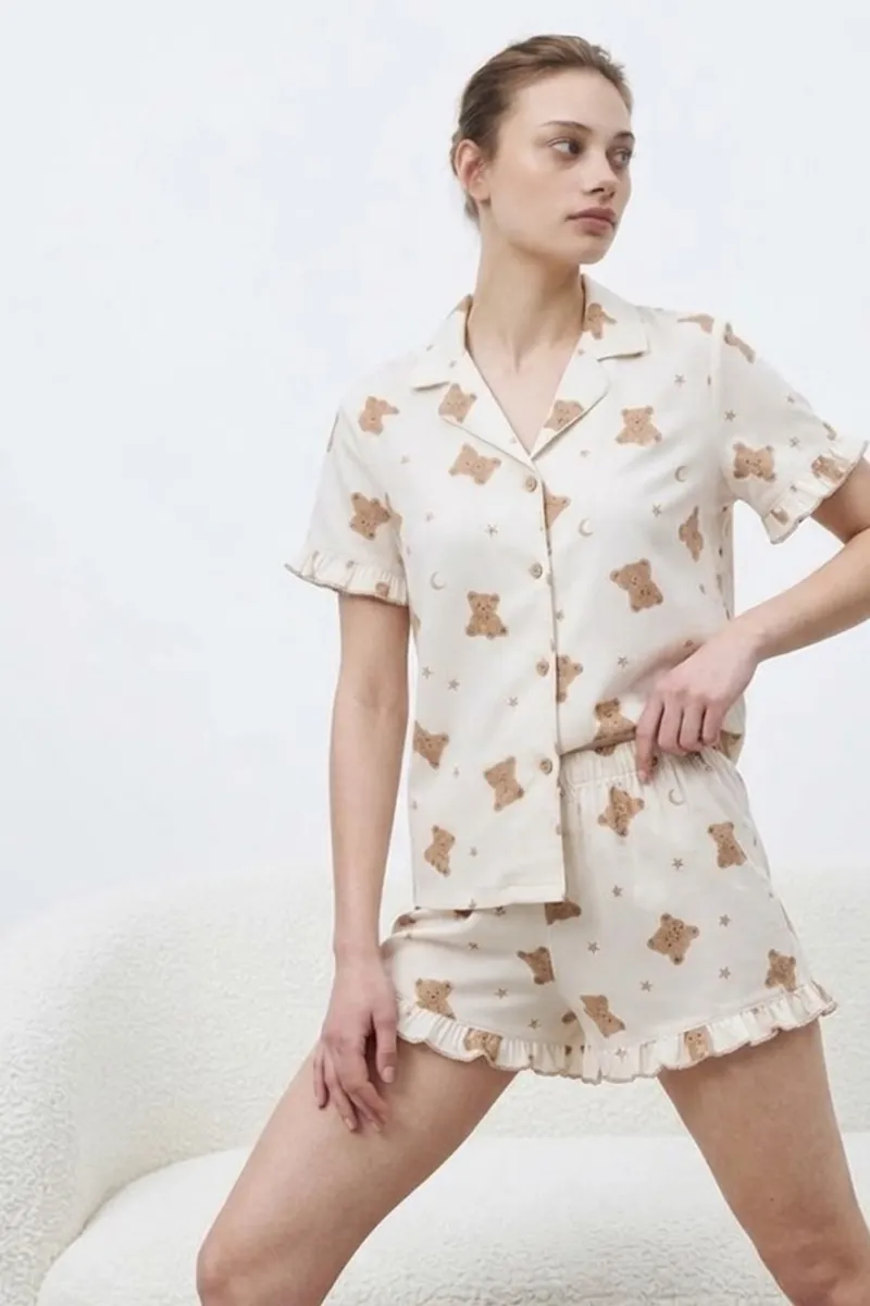 Kadın Premium Fırfırlı Kar Beeyaz Pijama Takımı Kar beyaz görseli