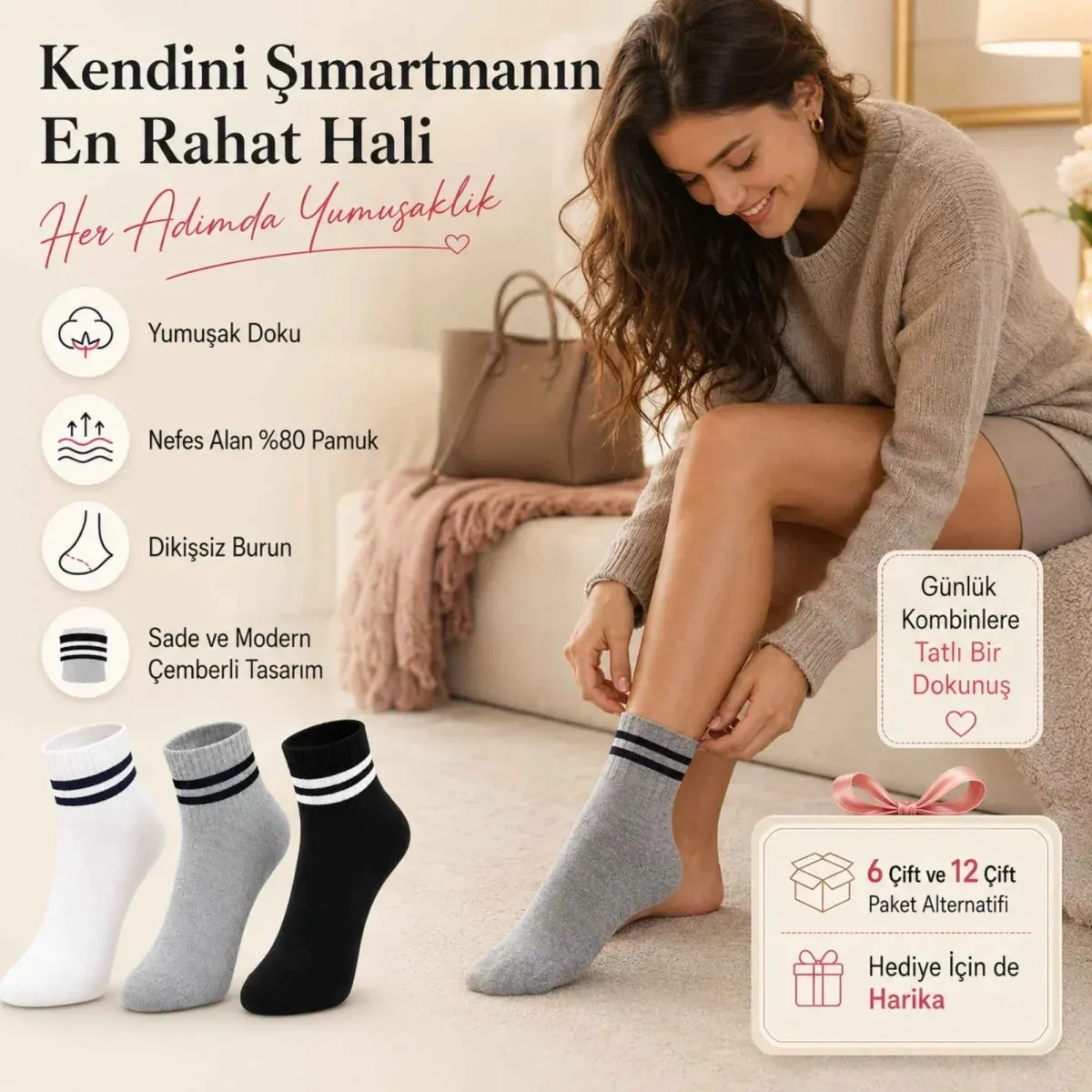Unisex Çizgili Bilek Çorap 6'lı | %80 Pamuklu Dikişsiz Burun, Siyah Beyaz Gri Günlük Spor görseli