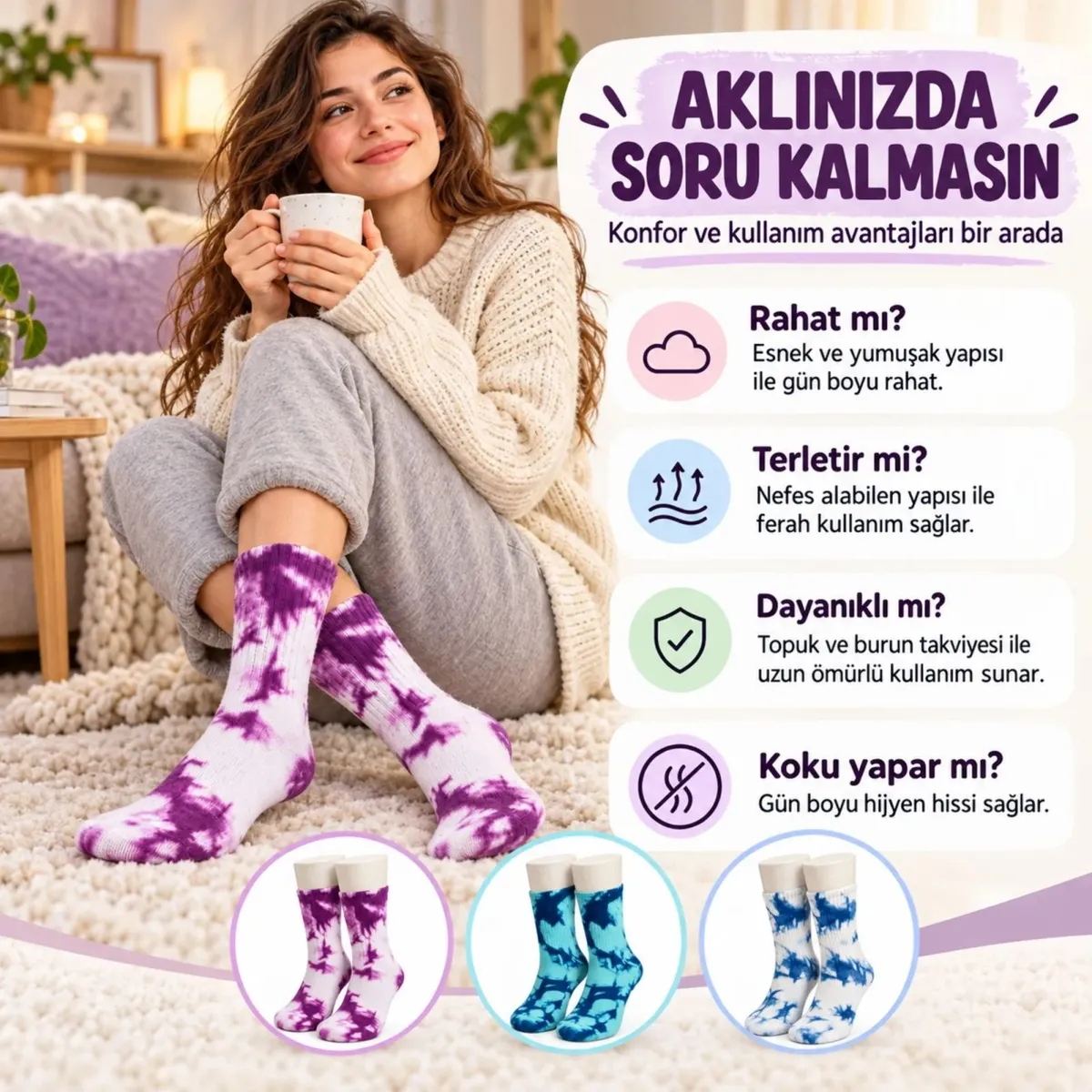 Unisex Batik Desenli Çorap 3'lü Set Pamuklu Renkli Uzun Soket Dikişsiz Nefes Alan Spor Çorabı Günlük görseli