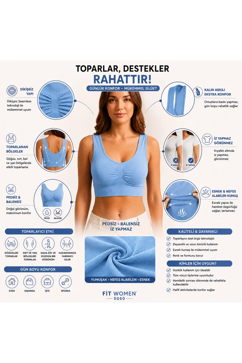 Göğüs Toparlayıcı Dikişsiz Seamless Büstiyer Korse – Kalın Askılı Pedsiz Balensiz Toparlayıcı Sütyen 5050 Mavi görseli