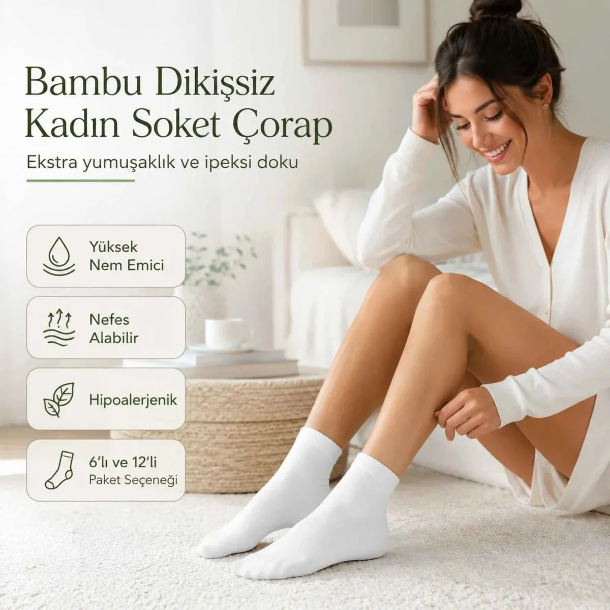 Kadın Bambu Uzun Çorap 12’li Paket, Dikişsiz Burunlu Yumuşak Dokulu Siyah Beyaz Gri görseli