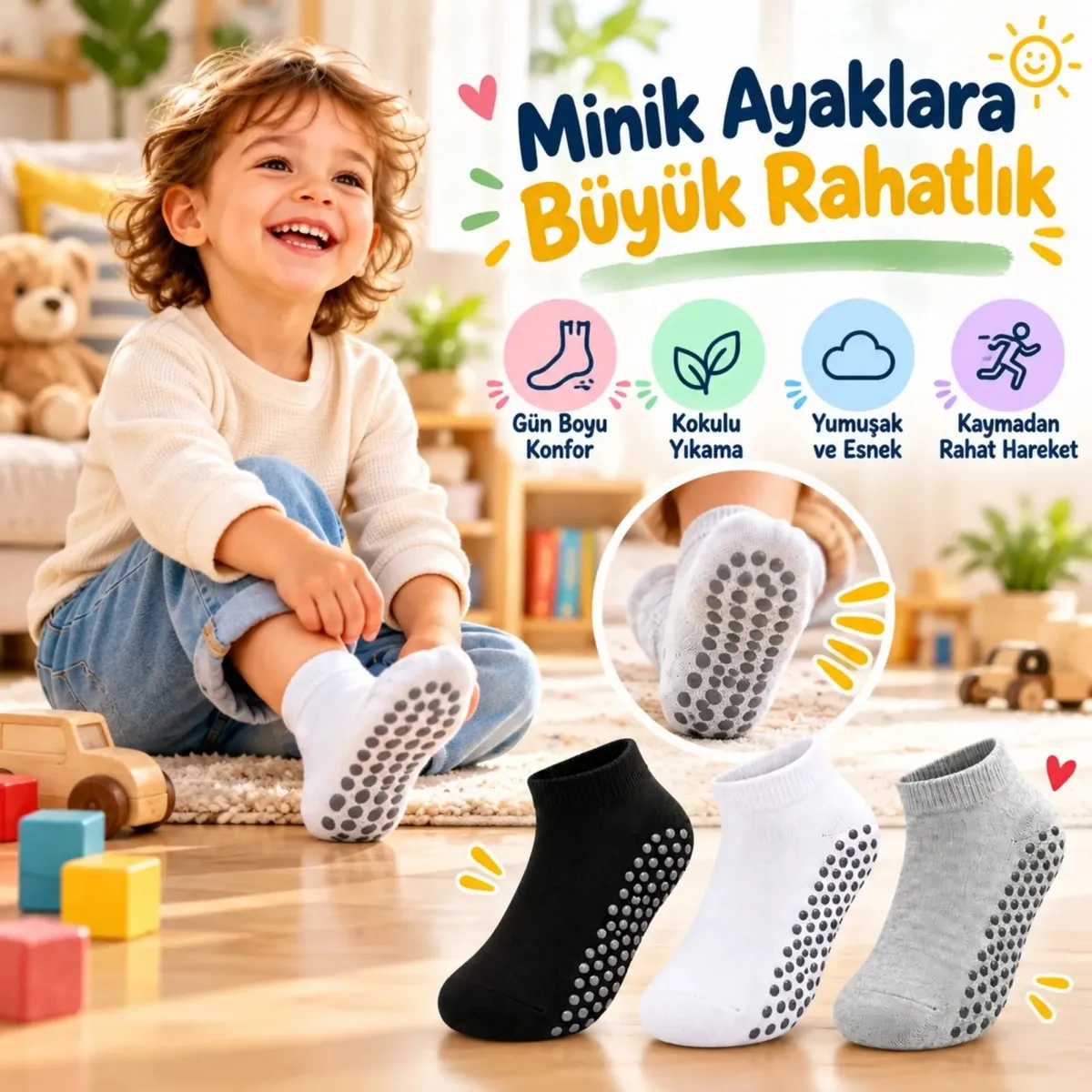 Çocuk Kaydırmaz Tabanlı Patik Çorap 3'lü Set Siyah Beyaz Gri Yumuşak Esnek Kokulu Günlük Çorap Rahat görseli