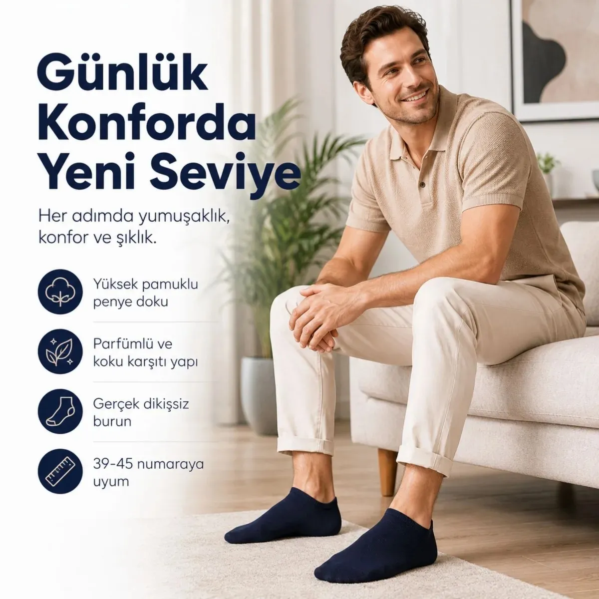 Erkek Patik Çorap 6’lı Siyah Beyaz Lacivert 39-44 Yüksek Pamuklu Dikişsiz Koku Karşıtı görseli