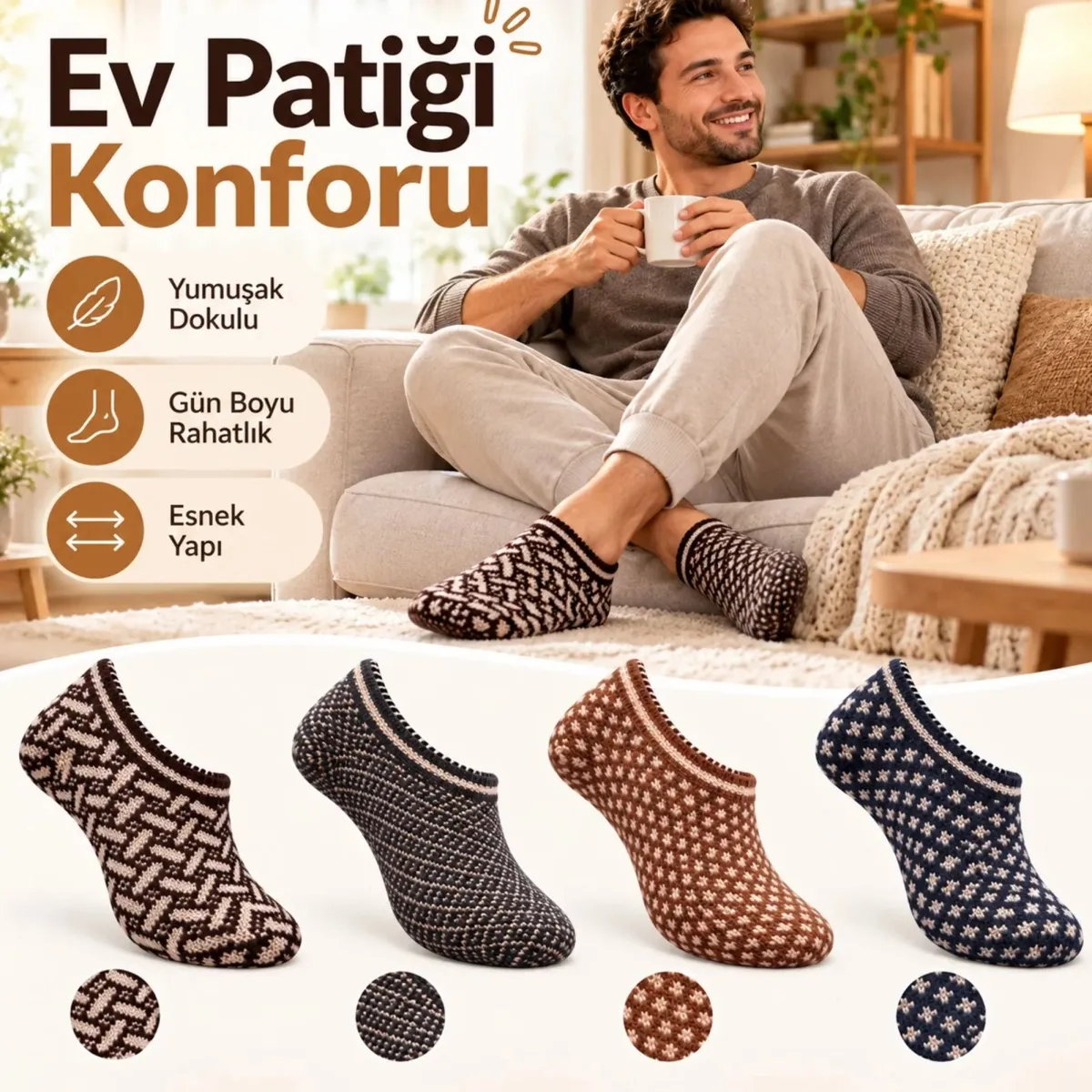 Erkek Ev Patiği 8'li Set | Geometrik Desenli Örgü Görünümlü Kısa Patik Çorap Karışık Renkli Paketler