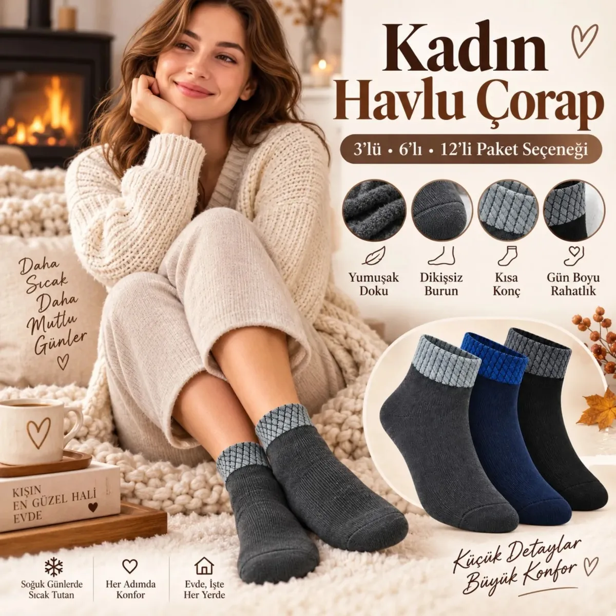 Bayan Havlu Dikişsiz Kısa Konç Çorap 3’lü Paket Yumuşak Sıcak Günlük Kadın Çorabı görseli