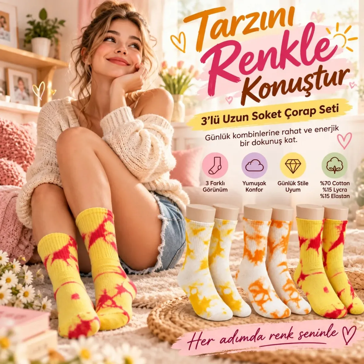 Unisex Batik Desenli Çorap 3'lü Set Pamuklu Renkli Uzun Soket Dikişsiz Nefes Alan Günlük Spor Çorabı görseli