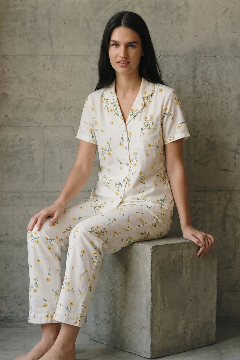 V Yaka Düğmeli Casual Çok Renkli Pijama Takımı görseli