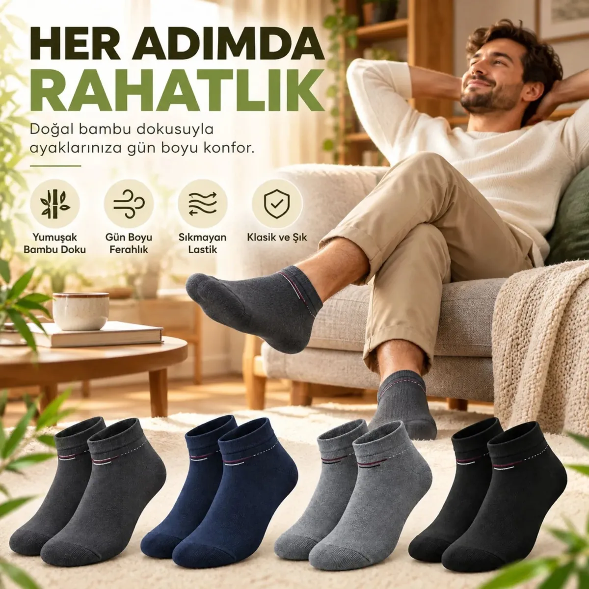 Erkek Bambu Patik Çorap 4'lü Set Yumuşak Dikişsiz Nefes Alan Sıkmayan Lastikli Günlük Rahat Çorap görseli