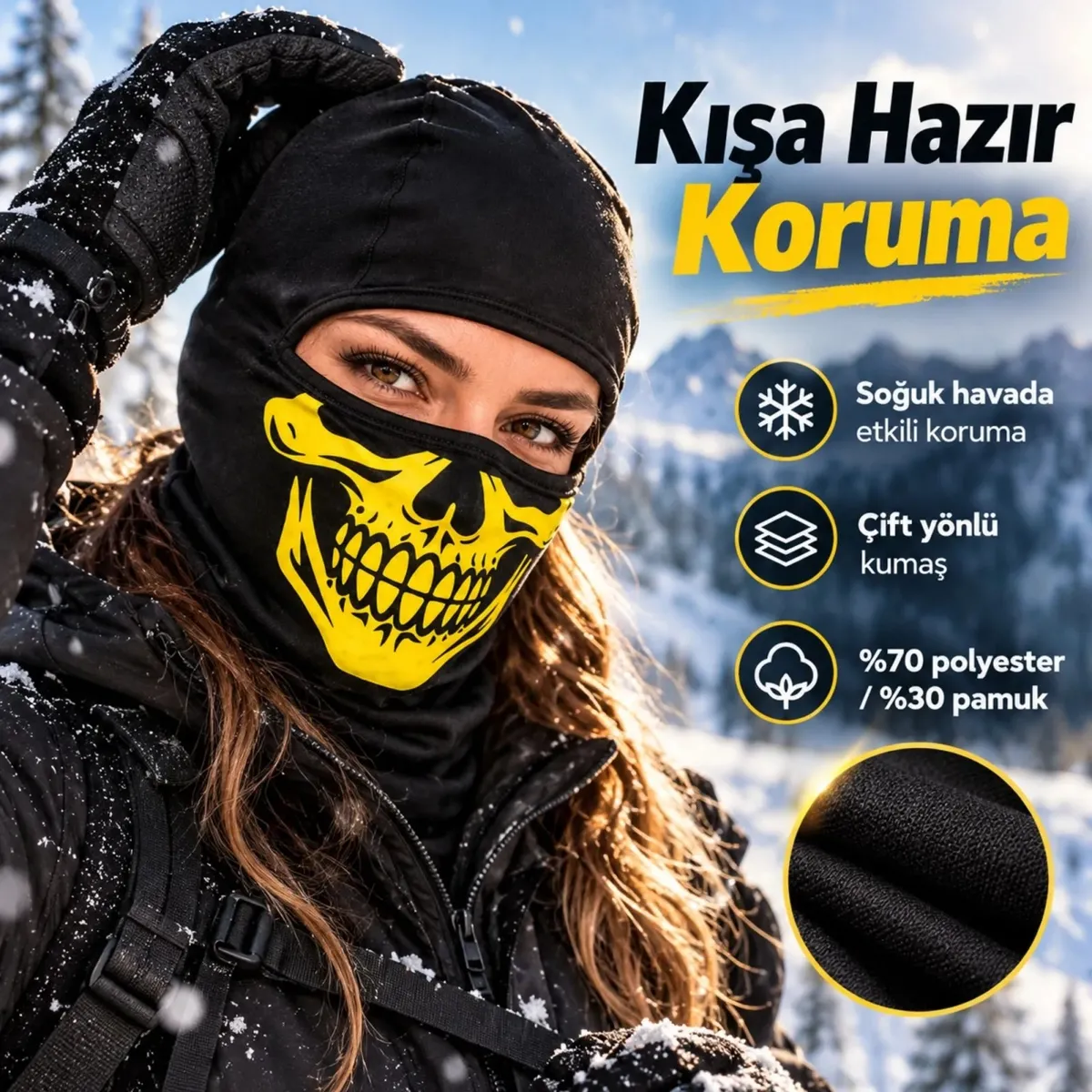 Unisex Sarı Kurukafa Desenli Balaklava Kar Maskesi | Siyah Tam Yüz Boyunluk Motosiklet Outdoor Maske görseli
