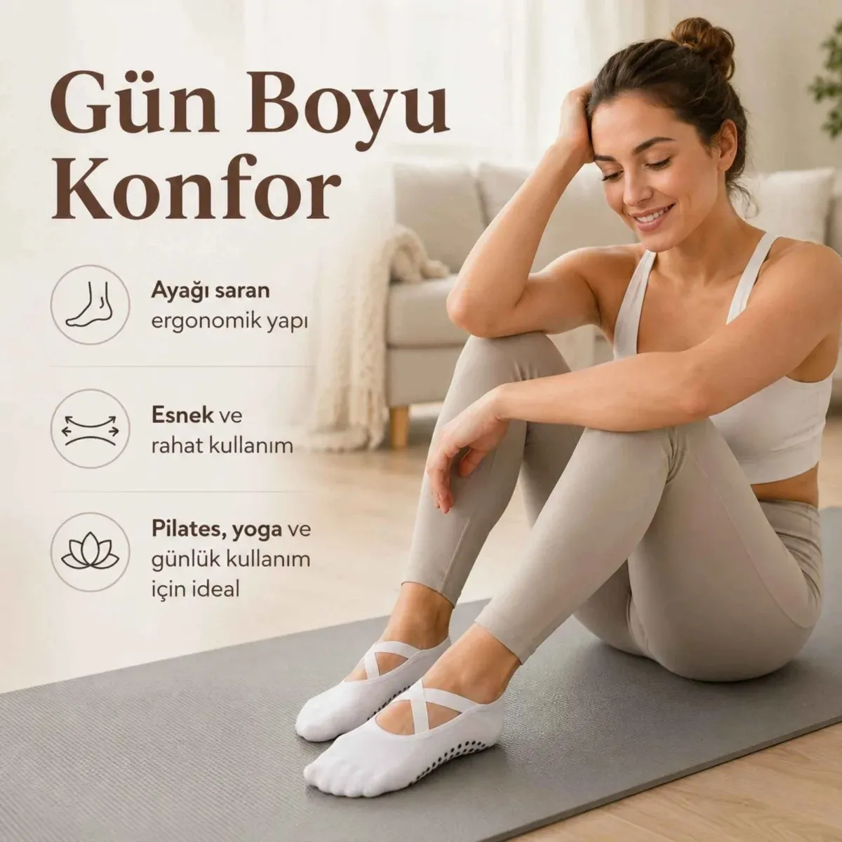 Kaymaz Tabanlı Kadın Balerin Tasarımlı Yoga Pilates Çorabı Çapraz Bantlı Spor Çorap Hac Umre Çorabı görseli