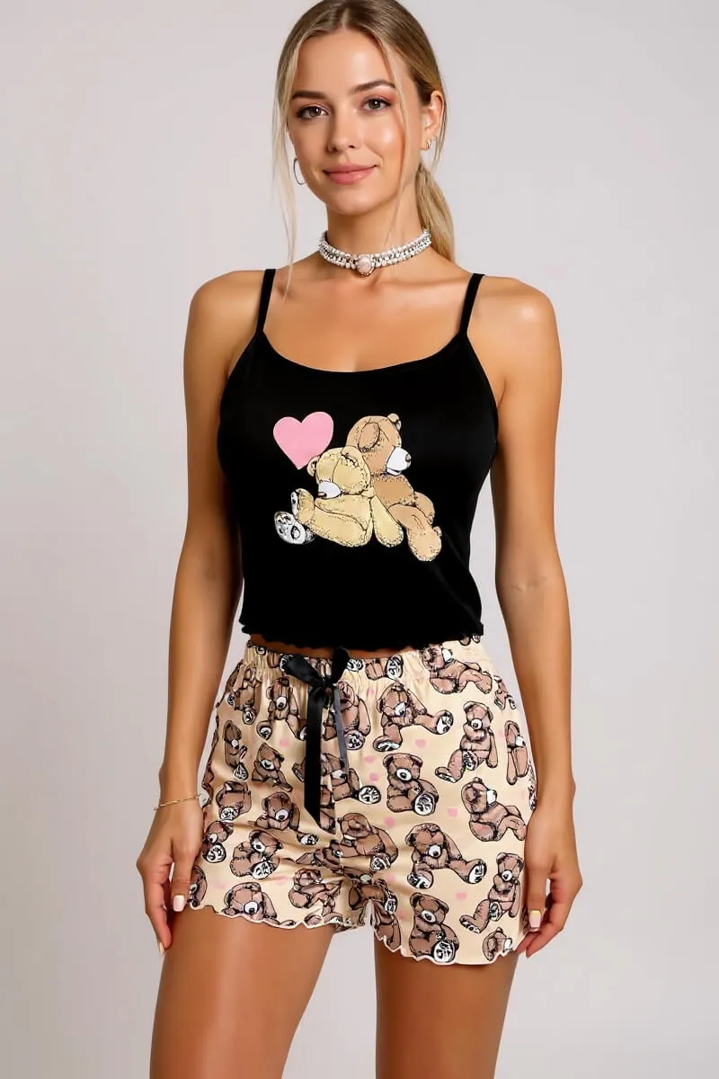 Renkli Ayıcık Desenli Askılı Şortlu Kadın Pijama Takımı görseli