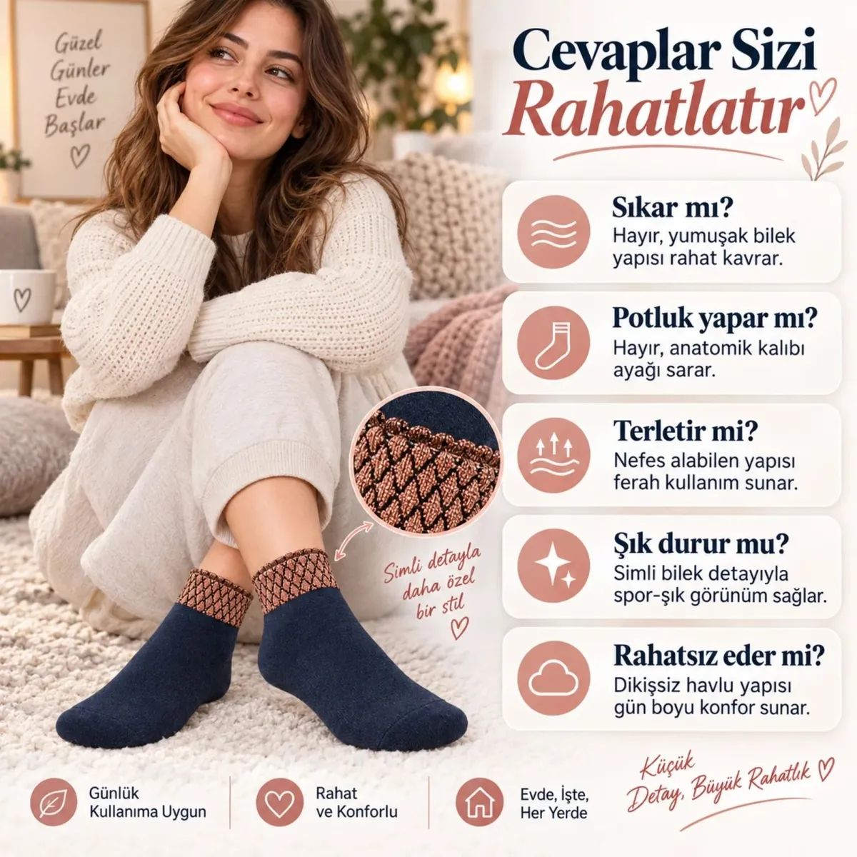 Kadın Simli 12'li Bilek Patik Çorap | Dikişsiz Havlu Yapı, Yumuşak Konforlu Günlük Çorap görseli