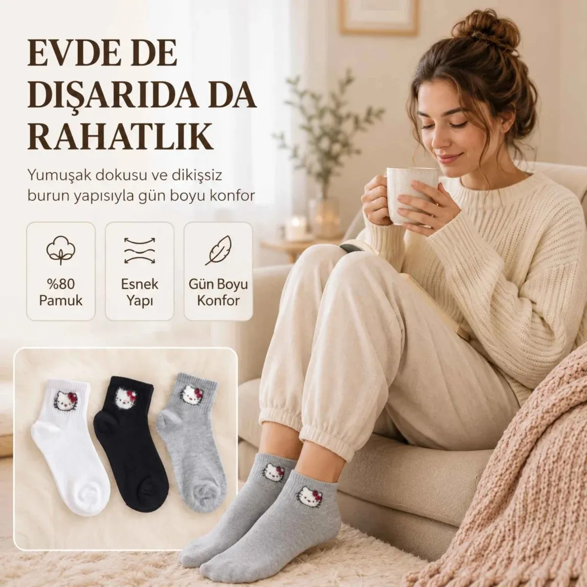 Kadın Sevimli Kedi Desenli Bilek Çorap 6'lı | %80 Pamuklu Dikişsiz, Siyah Beyaz Gri görseli