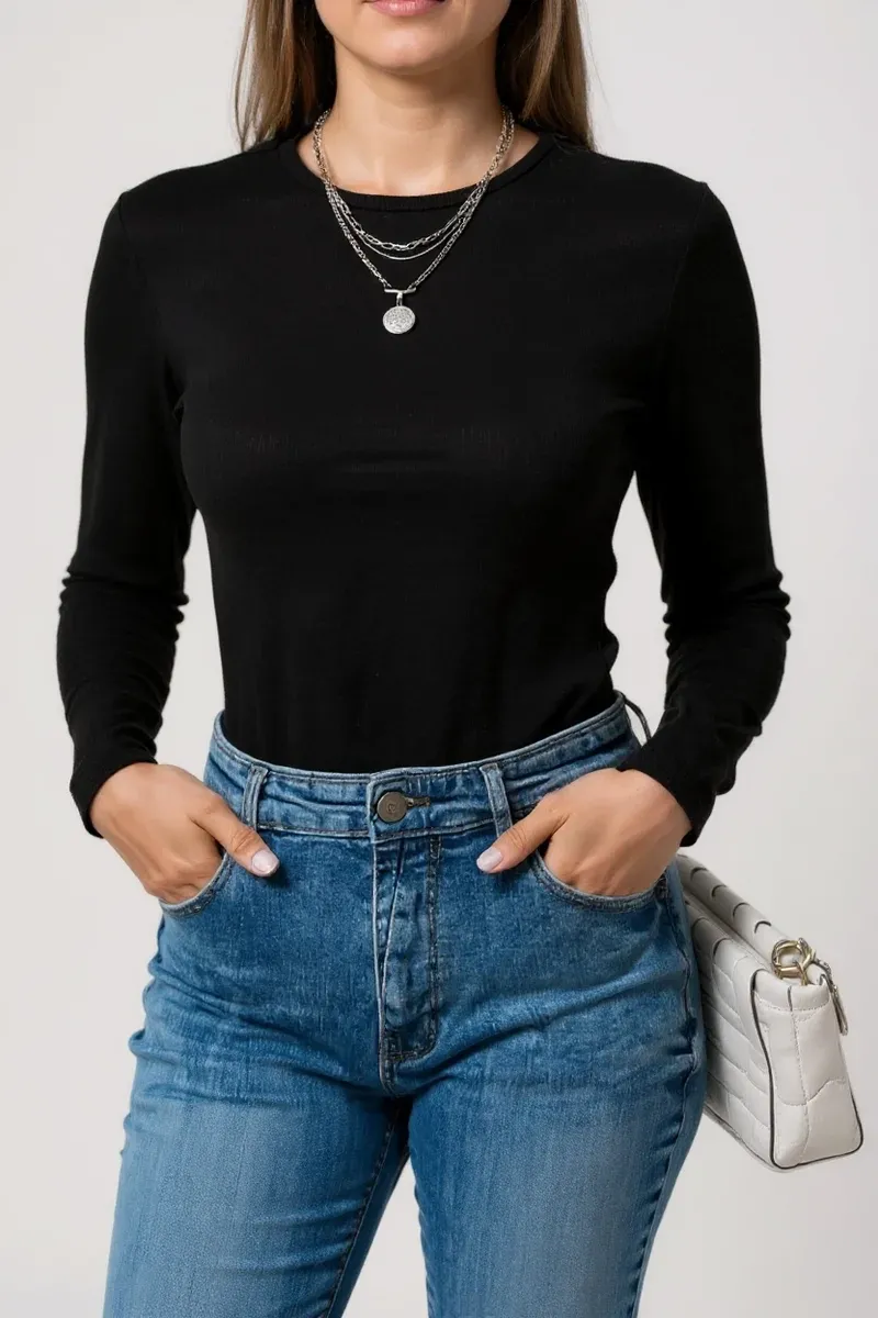 Kadın Siyah Uzun Kollu Fit Basic Crop Top Bluz görseli