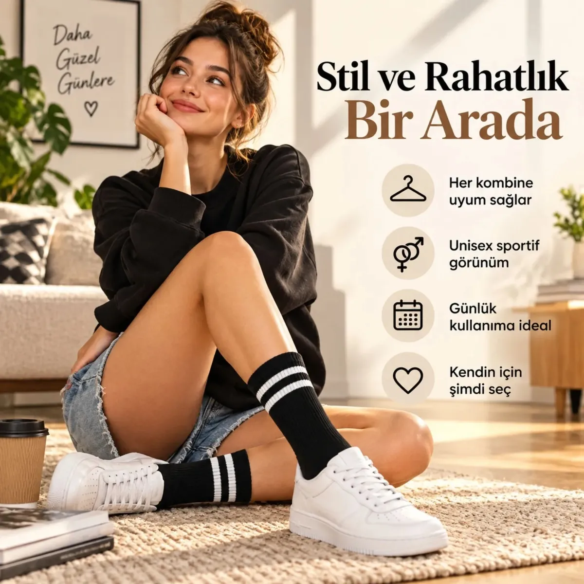 Siyah Çorap Beyaz Çizgili 3'lü Set Unisex Uzun Soket Günlük Spor Rahat Kolej Stil Çorap Seti görseli