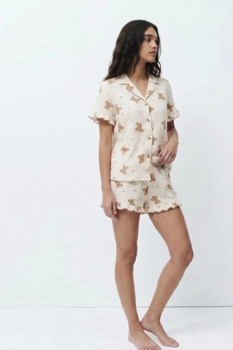 Kadın Desenli Trend Kar Beyaz Pijama Takımı görseli