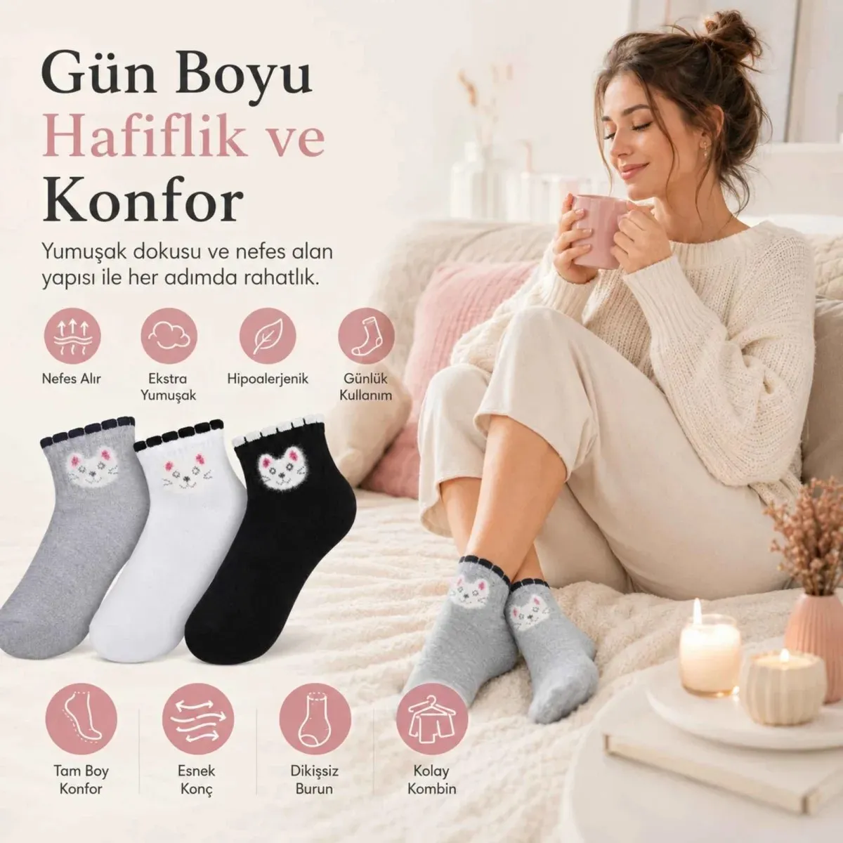 Kadın Kedi Desenli Kısa Konç Çorap 12'li | %80 Pamuklu Dikişsiz, Siyah Beyaz Gri görseli