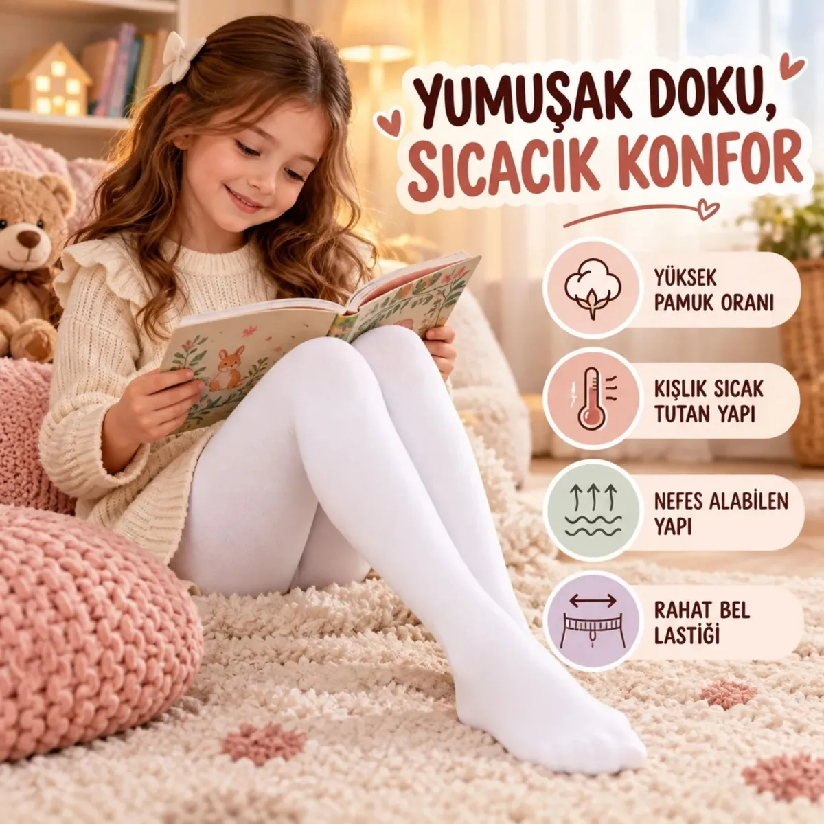 Çocuk Beyaz Külotlu 3'lü Çorap Yüksek Pamuklu Kışlık Parfümlü Okul Çorabı Esnek Rahat görseli