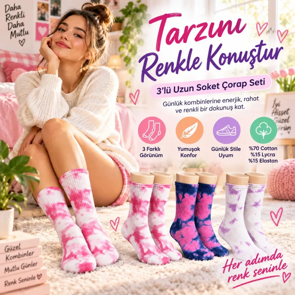 Unisex Batik Desenli Çorap 3'lü Set Pamuklu Renkli Uzun Soket Dikişsiz Nefes Alan Günlük Spor Çorabı Pembe-Beyaz-Mor-Lacivert görseli