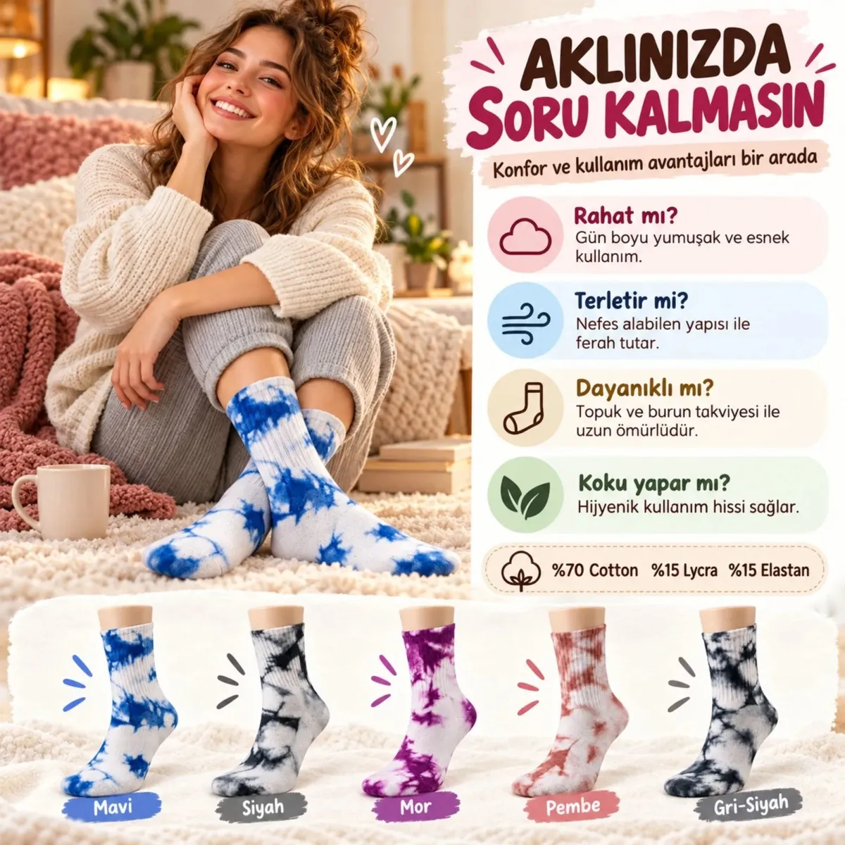 Mavi Mor Gül Kurusu Unisex Batik Desenli Çorap 5'li Set Pamuklu Renkli Uzun Soket Dikişsiz Nefes Alan Günlük Spor Çorabı görseli