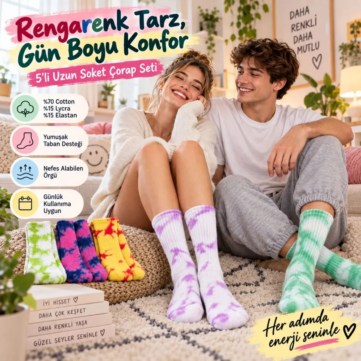 Unisex Batik Desenli Çorap 5'li Set Renkli Pamuklu Uzun Soket Dikişsiz Nefes Alan Günlük Spor Çorabı görseli
