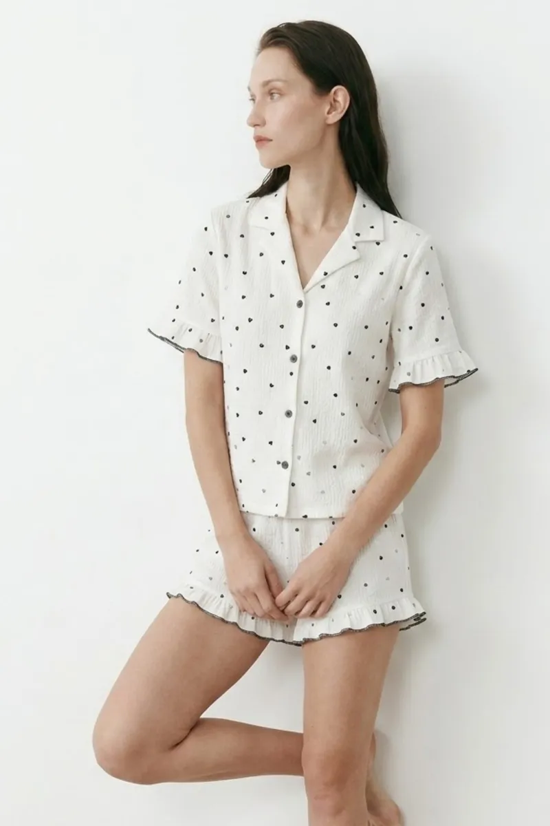 Kadın Relaxed Lastikli Beyaz Pijama Takımı görseli