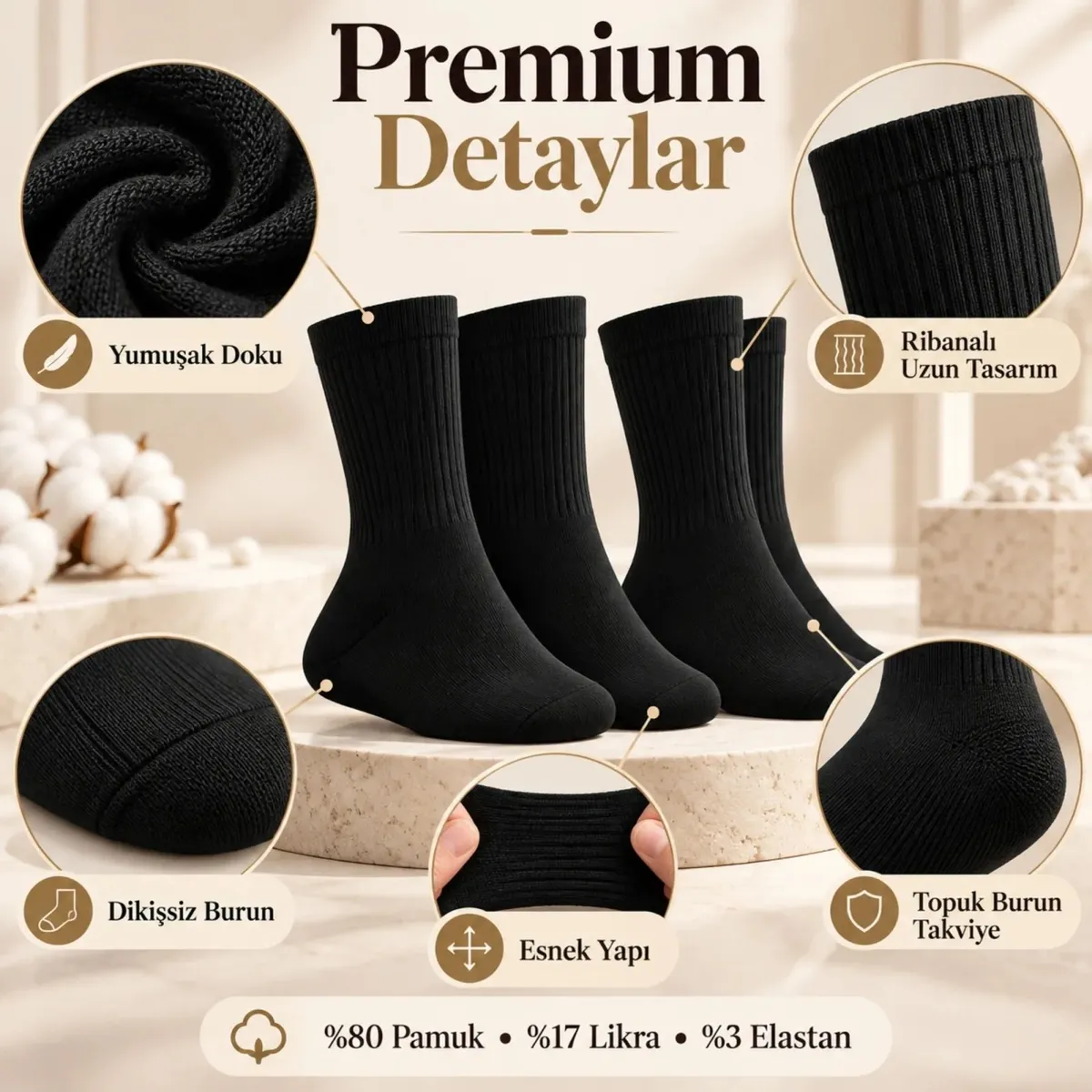Unisex Siyah Soket Çorap 6'lı Set Düz Basic Ribanalı Günlük Spor Esnek Rahat Uzun Çorap Konforlu Set görseli