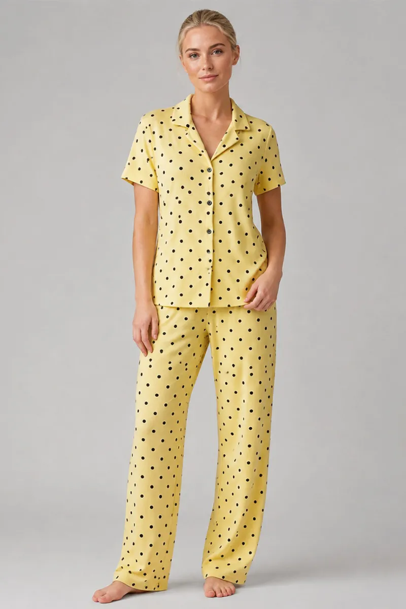 Sarı Puantiyeli Düğmeli Pijama Takımı 4642-Sarı